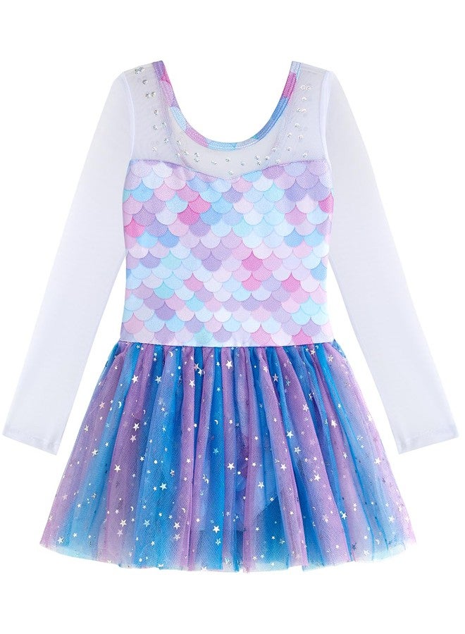 EQSJIU Long Sleeve Dance Leotard for Girls Sparkly Snowflake Ballet Dress Toddler Tutu Skirted Leotard Outfits for Girls, 3-4T, Longsleeve Mermaid - Image 1